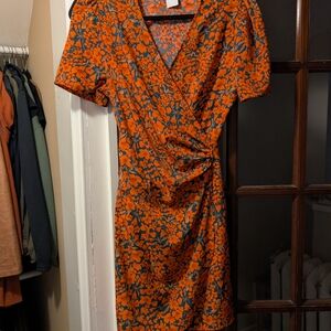 Floral Wrap Dress - Orange and Black